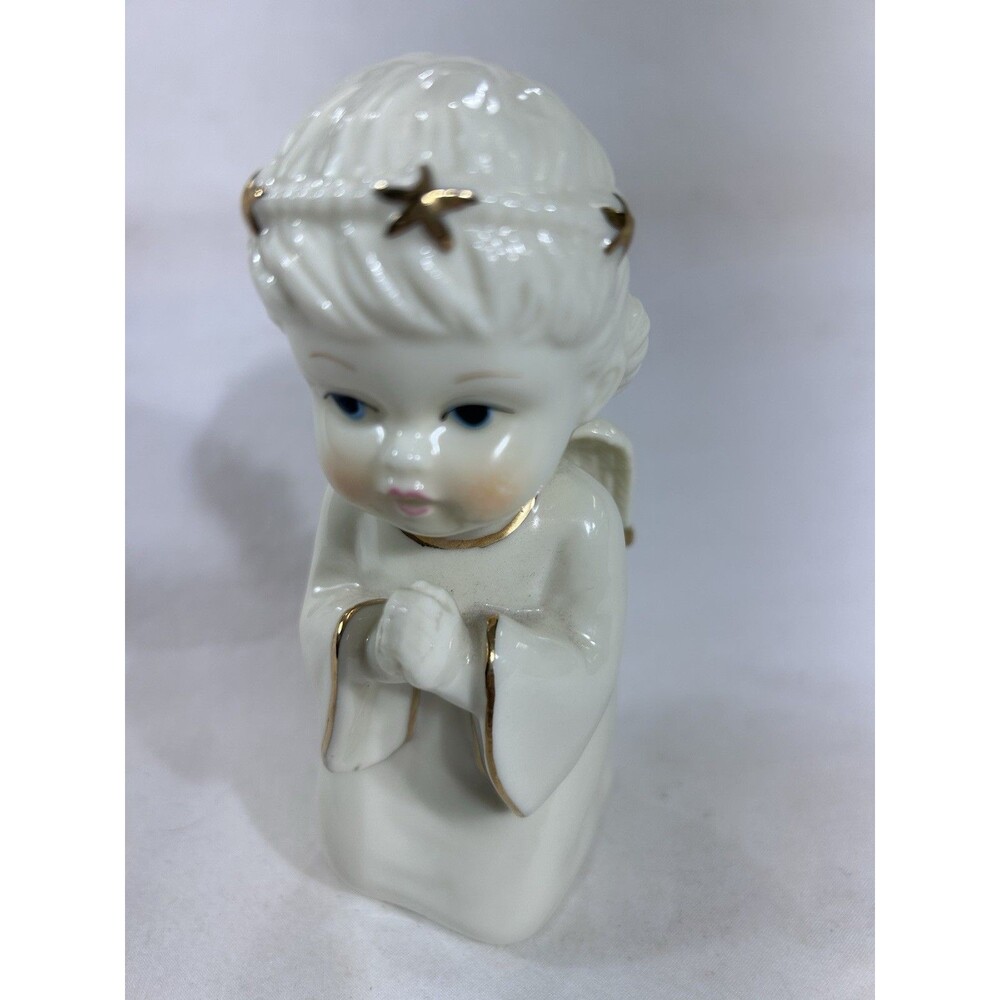 Porcelain Angel Figurine Praying Gold Trim Blue Eyes Winged Cherub Religious Dec